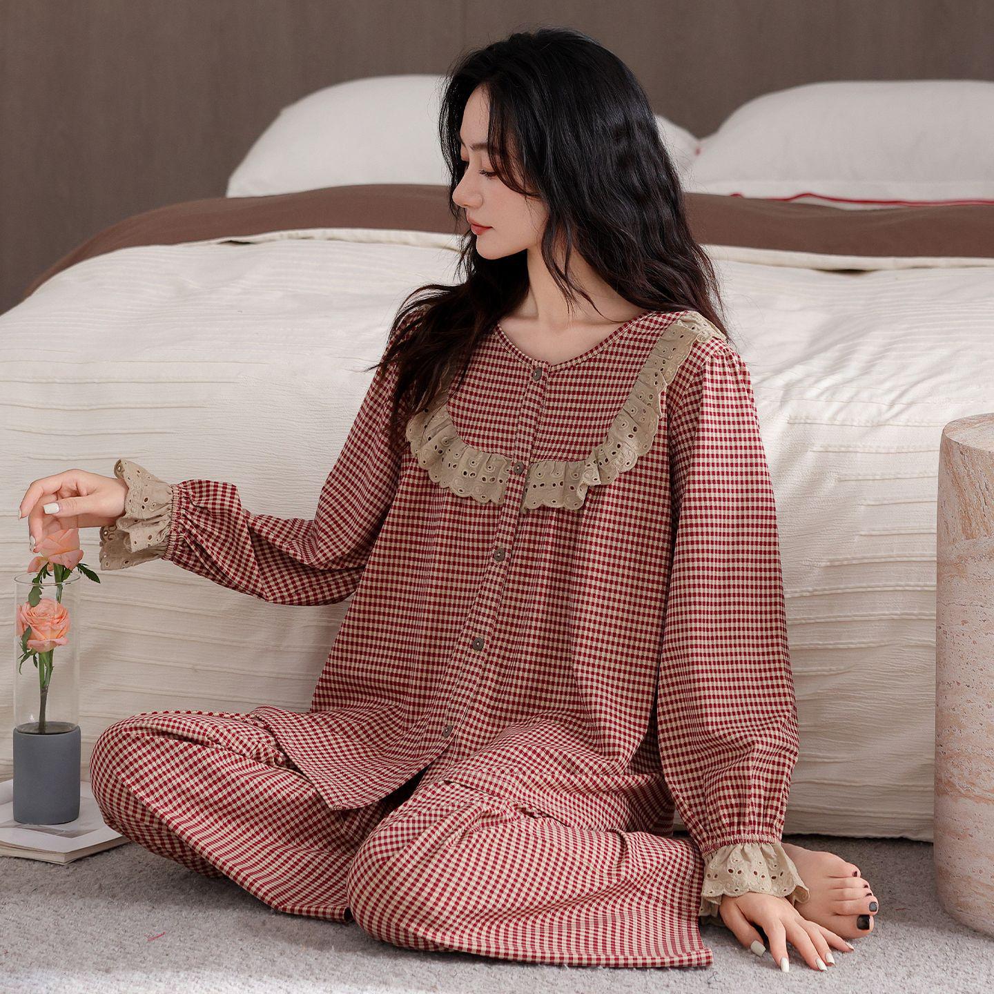 

Комплект пижамы из модального хлопка с кружевом большого размера для женщин среднего и пожилого возраста - Топ с длинным рукавом и брюки M