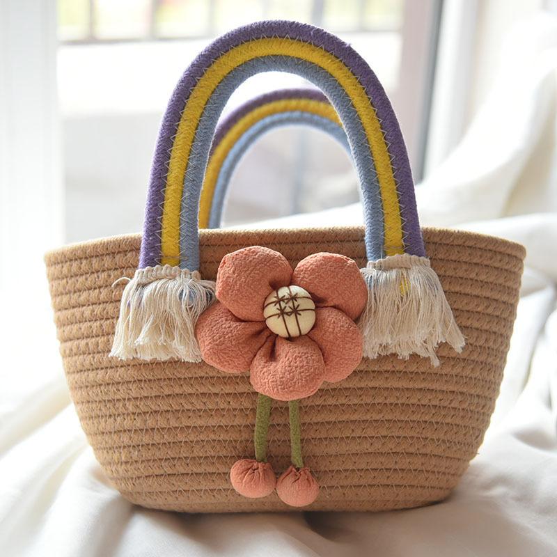 Damenhandtasche Baumwollseil Tragetasche Hundert Tragetasche Blumen Strohtasche Regenbogenhenkel 18*9*15cm orange