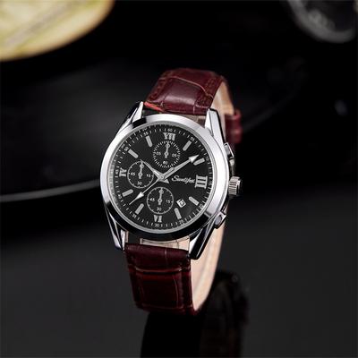 Fashionable Personalized Trendy Circular Dial with Calendar Night Light Waterproof Men's Quartz Watch Business Leather Strap
