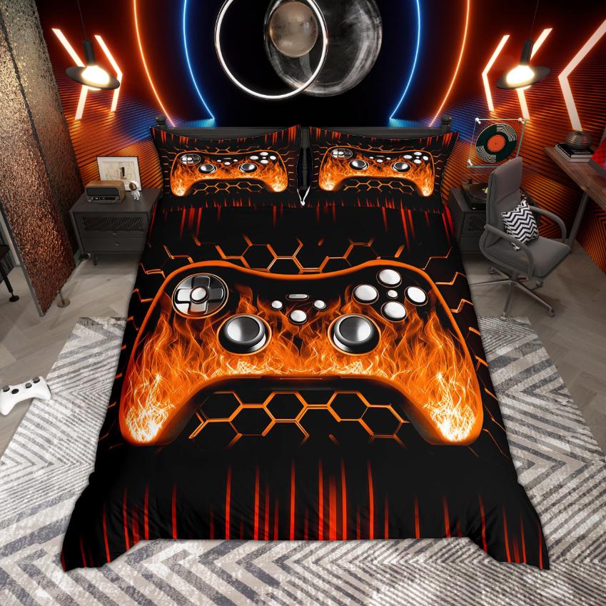 Homewish Pojkar Spelare Gaming Påslakan Set Neonlys Honungskaka Sängkläder Svart Vändbart Täckeöverdrag Set