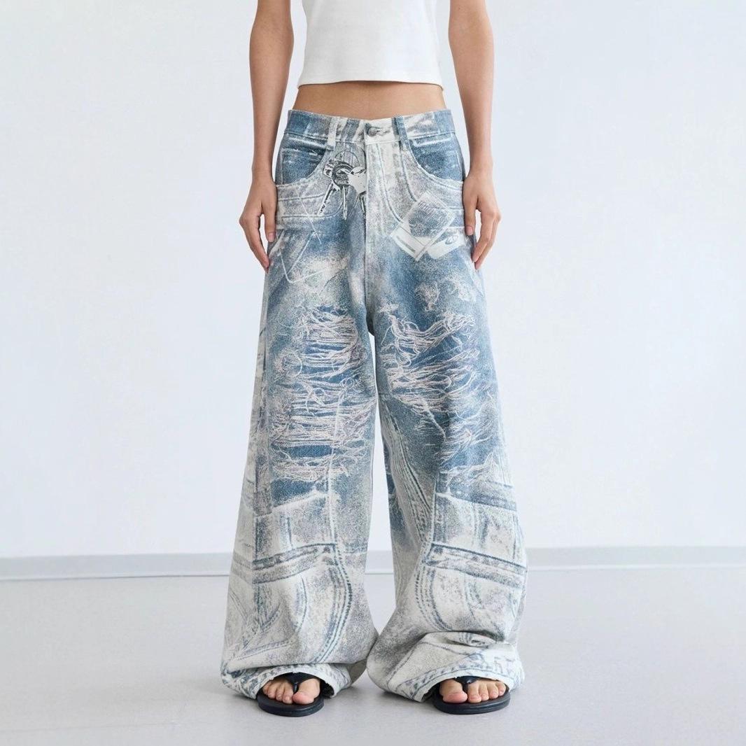 American Retro 3D Print Denim Pants: Unisex High Street Casual Wide Leg Small
