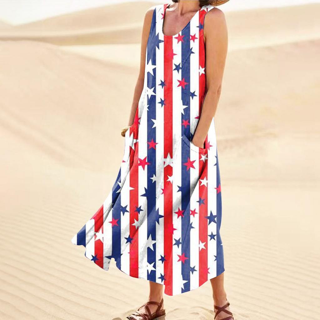 Women's Casual Comfortable Independence Day Print Sleeveless Cotton Pocket Dress