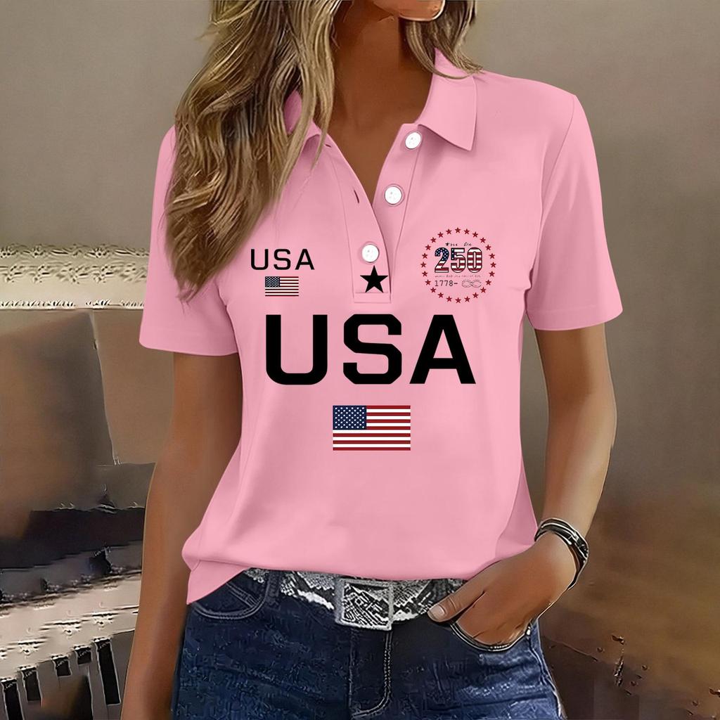 Damen Casual Kurzarm Knopf-Polohemd USA-Aufdruck 250. Jubiläum Grafik Leichtes Sommeroberteil