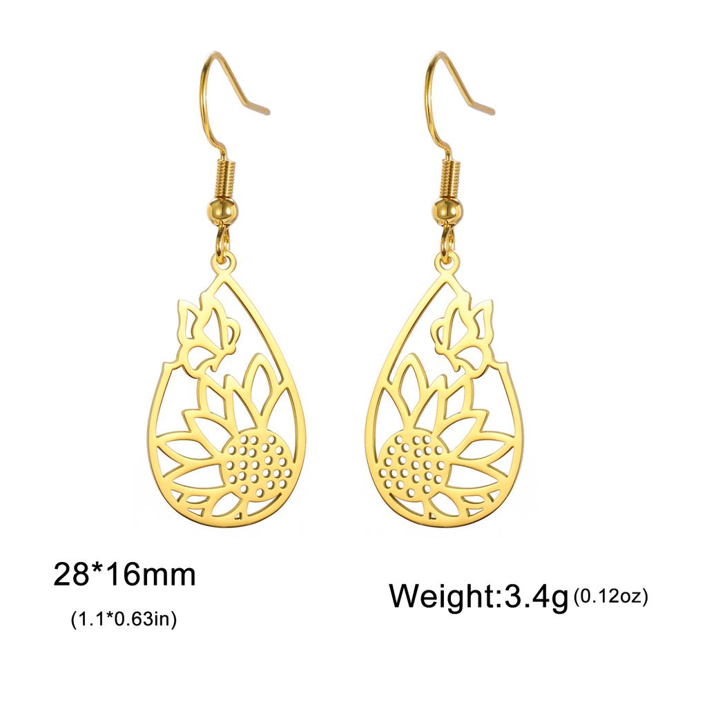 Sunflower Butterfly Teardrop Pendant Earring Women Stainless Steel Gold Earrings Jewelry Valentine's Day Gift