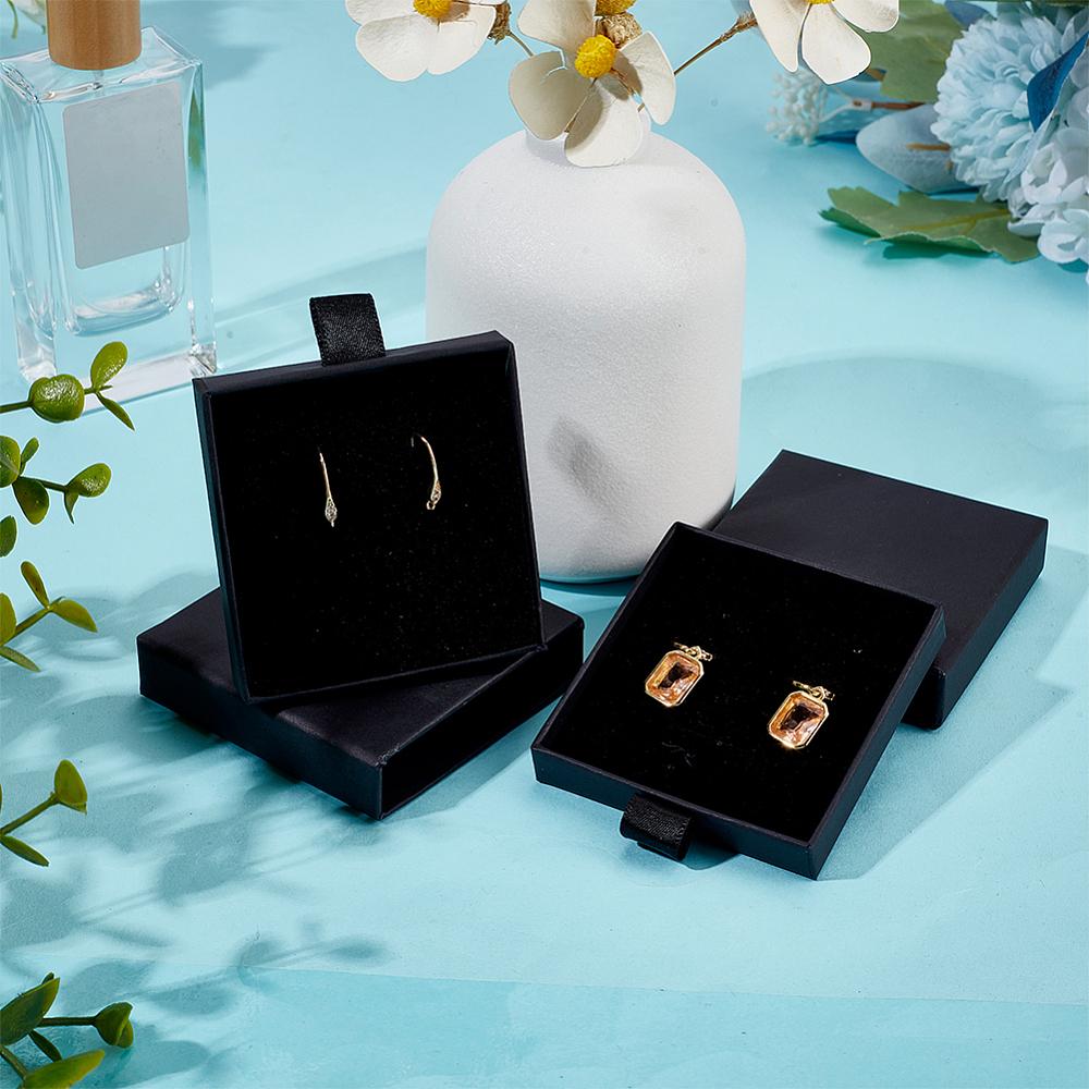 6pcs Cardboard Paper Jewelry Set Drawer Boxes with Sponge Inside Gift Package Supplies Rectangle Black 7x6.9x1.7cm