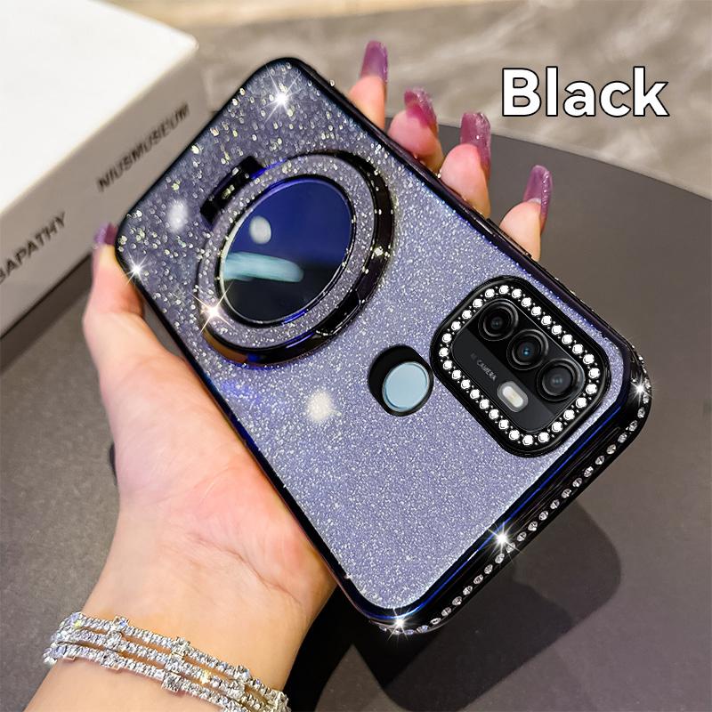 Women Girl's Diamond Make Up Mirror Phone Case For OPPO A32 A35 A38 A53 2020 A54 A57 A60 A74 Holder Plating Soft Silicone Cover