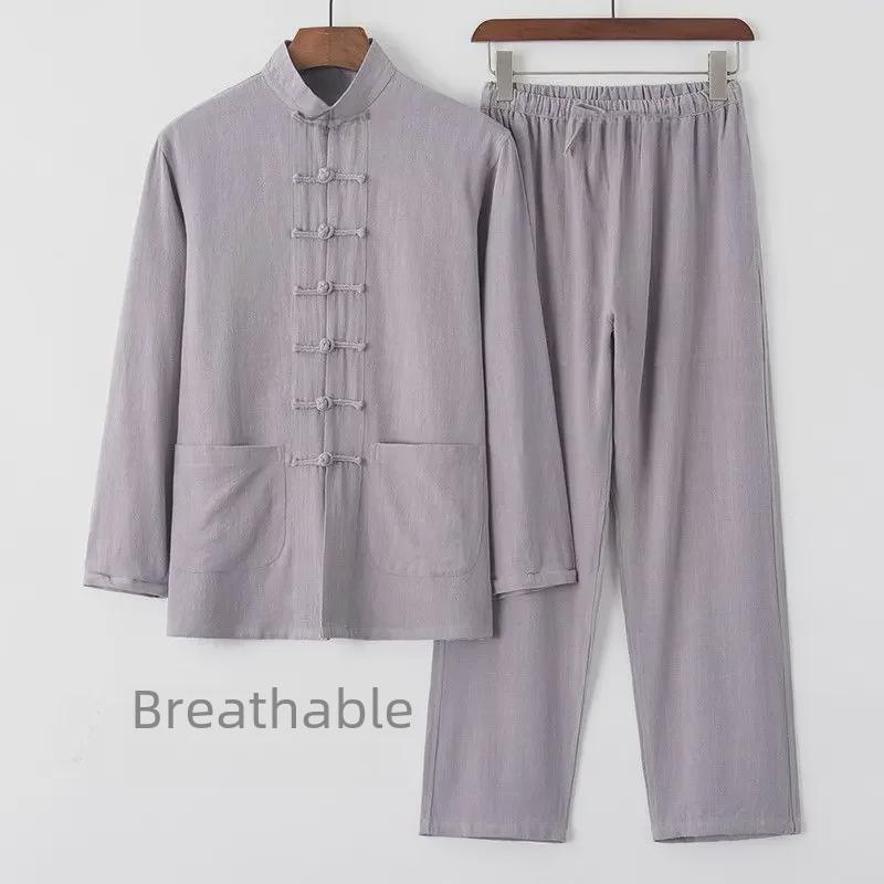 Men's Cotton Linen Tang Suit - Long-Sleeve Retro Chinese Buttoned Attire for Middle-Aged & Elderly, Loose Tai Chi Style
