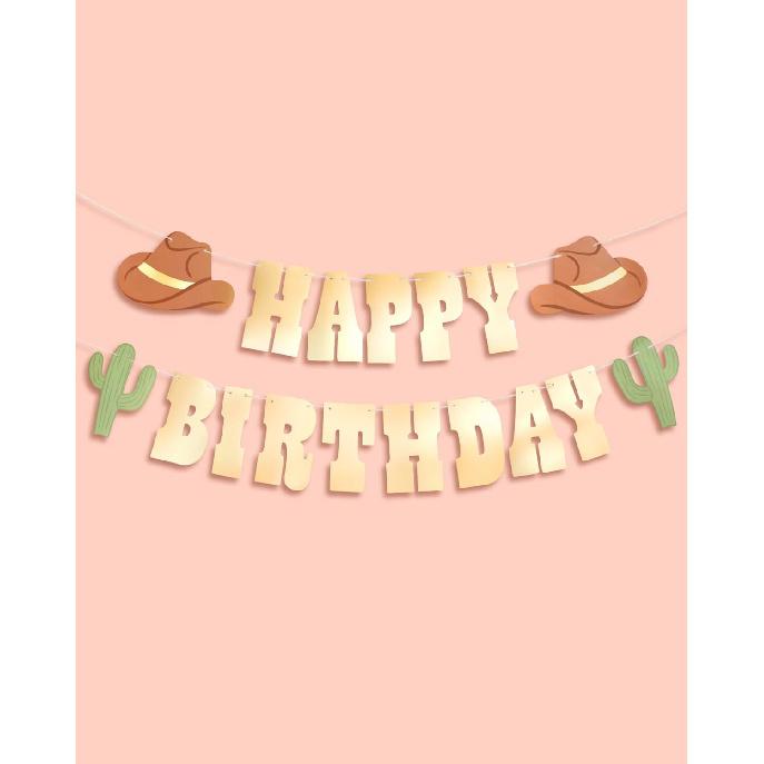 Xo, Fetti Western Happy Birthday Gold Foil Banner - 5 Ft. | Cowboy HBD Decorations, Wild West Garland, Rodeo Supplies, Wild One Yeehaw Bday, Cowgirl