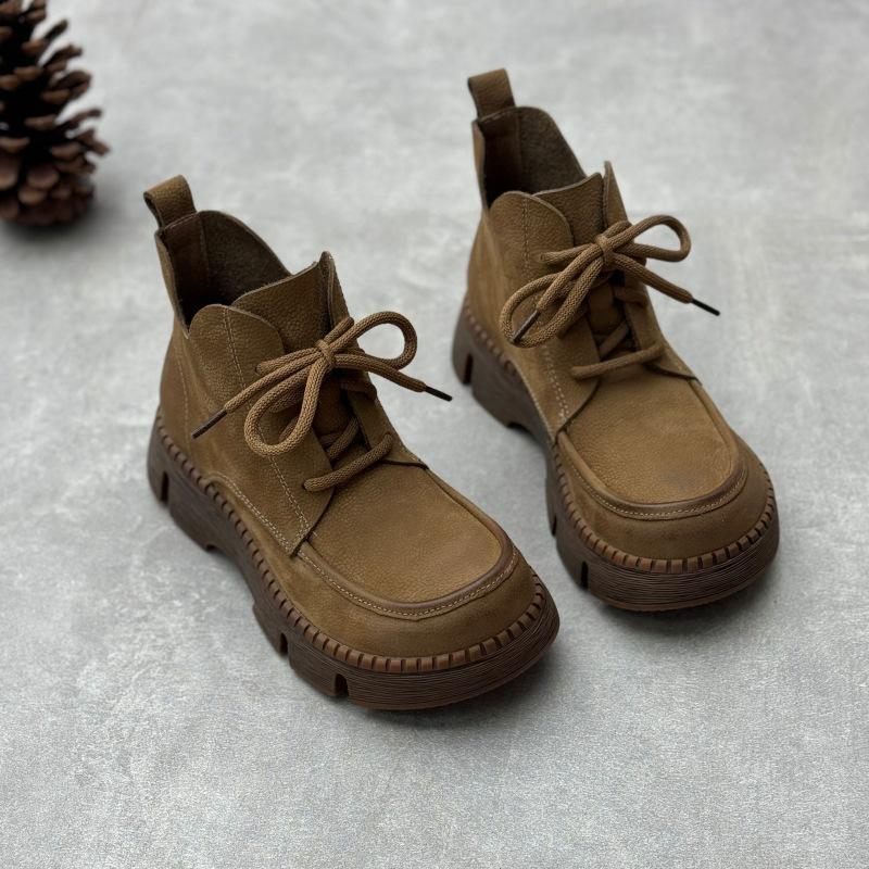 Johnature Handmade Genuine Leather Short Boots Retro Thick Soled Round Toe Lace Up Women's Shoes