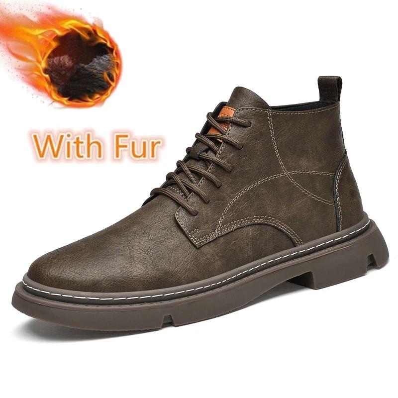 Herrenstiefel aus echtem Leder, hohe Qualität, warmes Plüschfell, Winterschuhe, Herren-Freizeitschuhe, Stiefeletten, rutschfeste Motorradstiefel