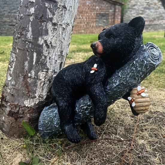 Cute Black Bear Cub Garden Statue, Tree Branch Decor with Honeycomb & Bee Accents for Outdoor Yard, Fence or Indoor Wall Decoration