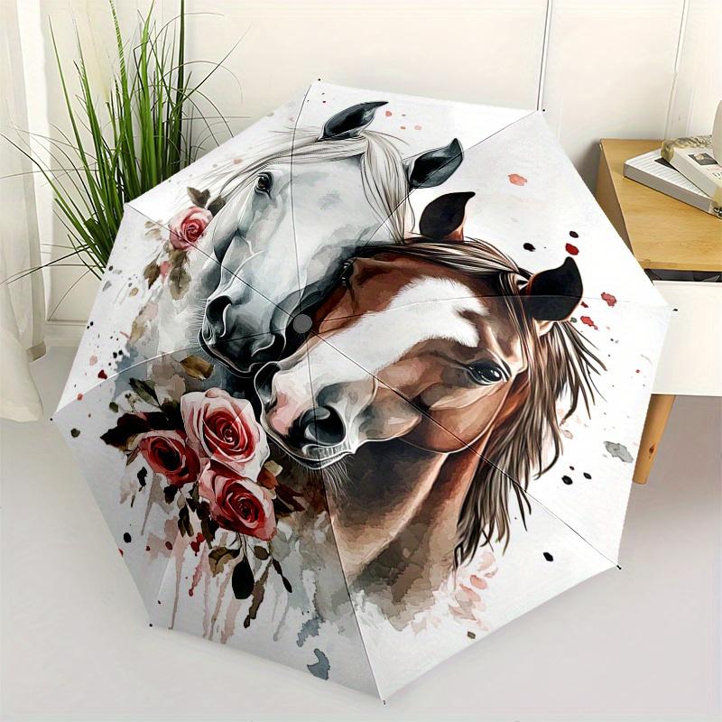 

Horse Roses Automatic folding umbrella simple eight rib design, bright color pattern, durable iron frame, ideal for travel and outdoor, bea