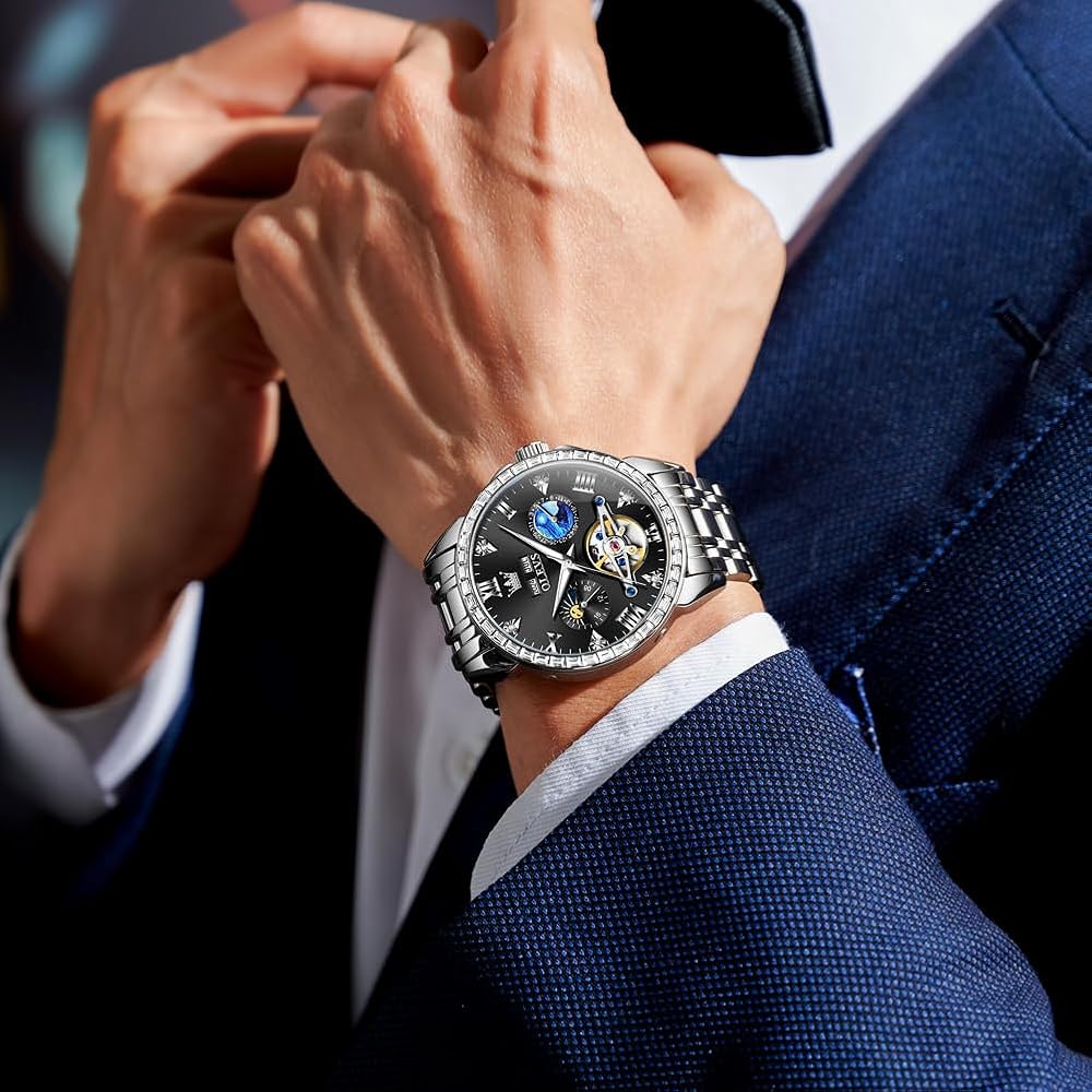 OLEVS Men's Automatic Skeleton Watch with Diamond, Calendar, Waterproof, Stainless Steel, Black