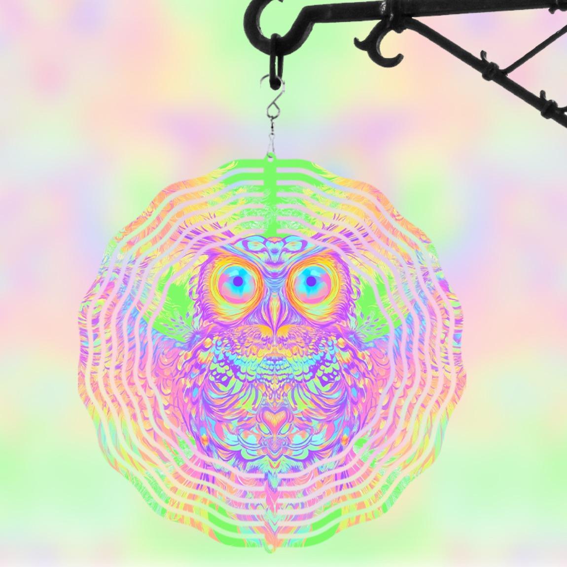 

Vibrant 10 Inch Owl Wind Chime with Swivel Hook Colorful Psychedelic Patterns Metal Garden Decor for Outdoor Spaces All Seasons 01A