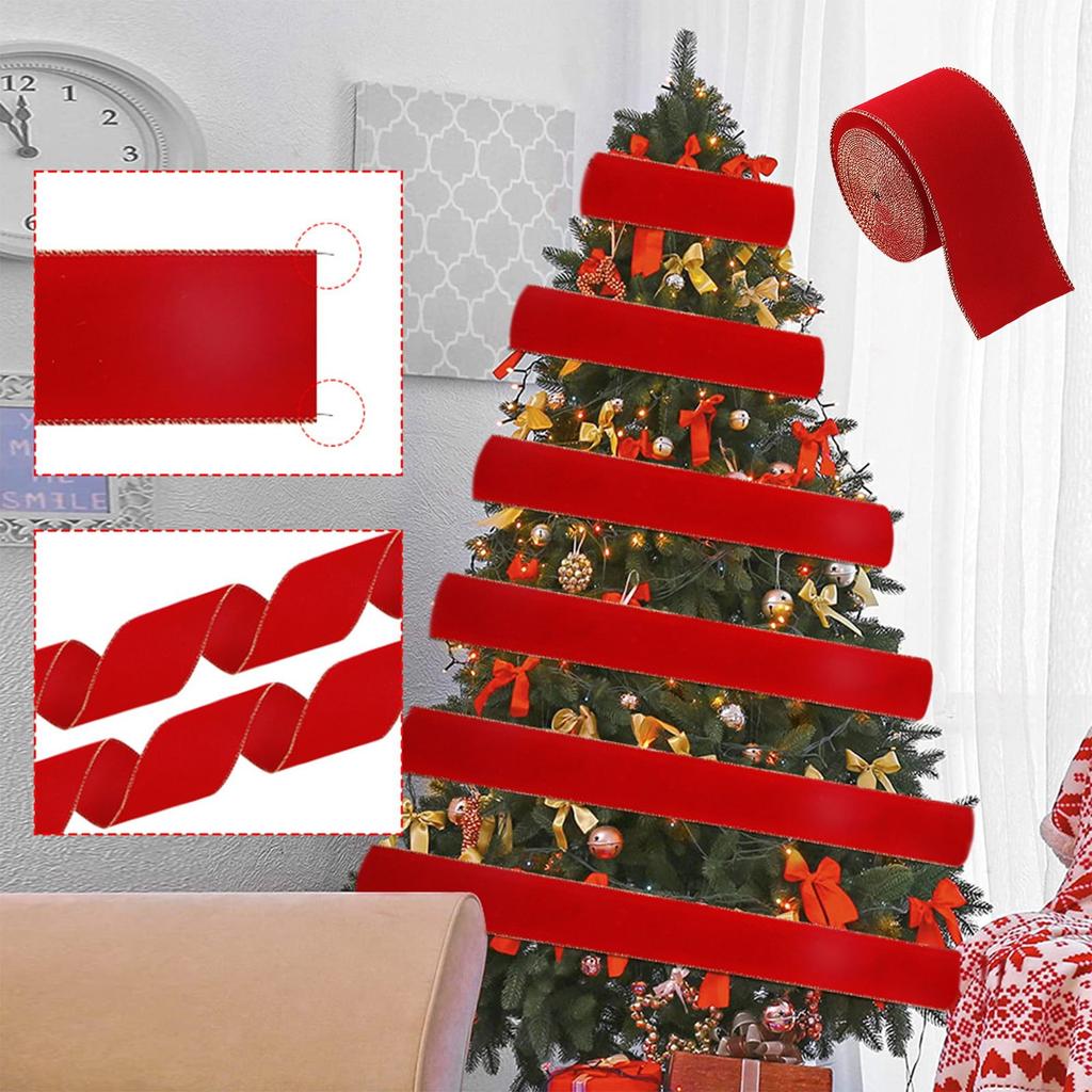 Christmas Red Velvet Ribbon with Wired Edges, Xmas Ribbon Craft Fabric Ribbon for Gift Wrapping Christmas Tree Decoration Crafts Wreaths Supplies