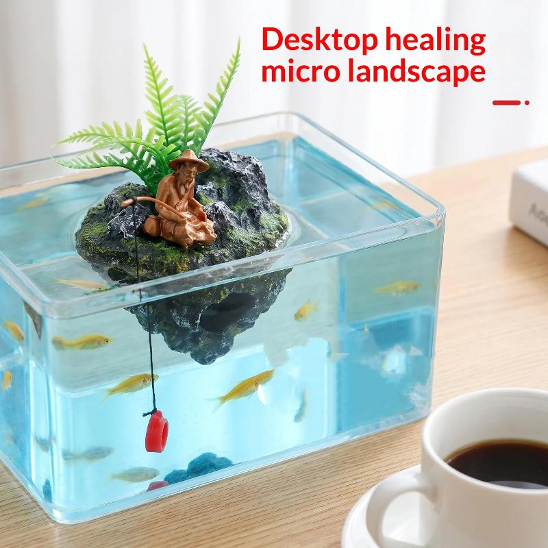 Mini Resin Fishing Man Aquarium Statue Creative Floating Island Artificial Landscape Ornament for Small Fish Tank Decor
