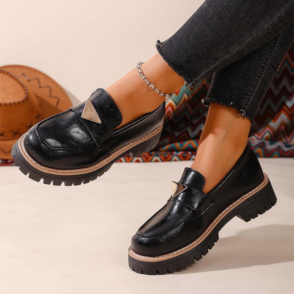 2025 New Cowhide/cow Anti-leather Round Head Metal Buckle Platform Loafers 4CM Square Heel Casual Single Shoes Women's Shoes