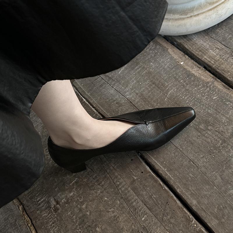 Fashion 2025 New Fashion Spring Women Pumps Square Toe Med Heels Genuine Leather Chunky Heel Pumps Retro Slip On Modern Ladies Shoes