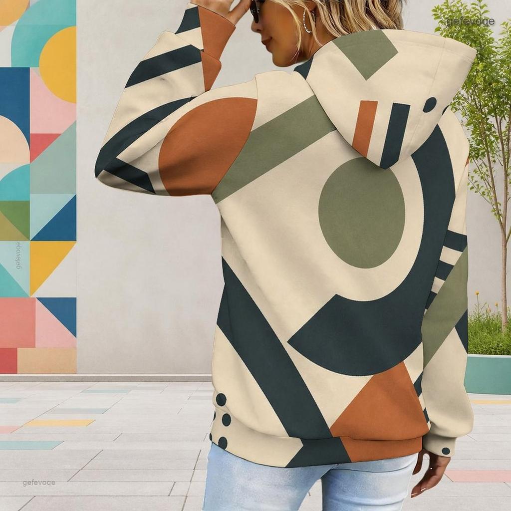 Women Plus Size Long Sleeve Geometric Printed Blue White Hoodie Pullover With Kangaroo Pocket
