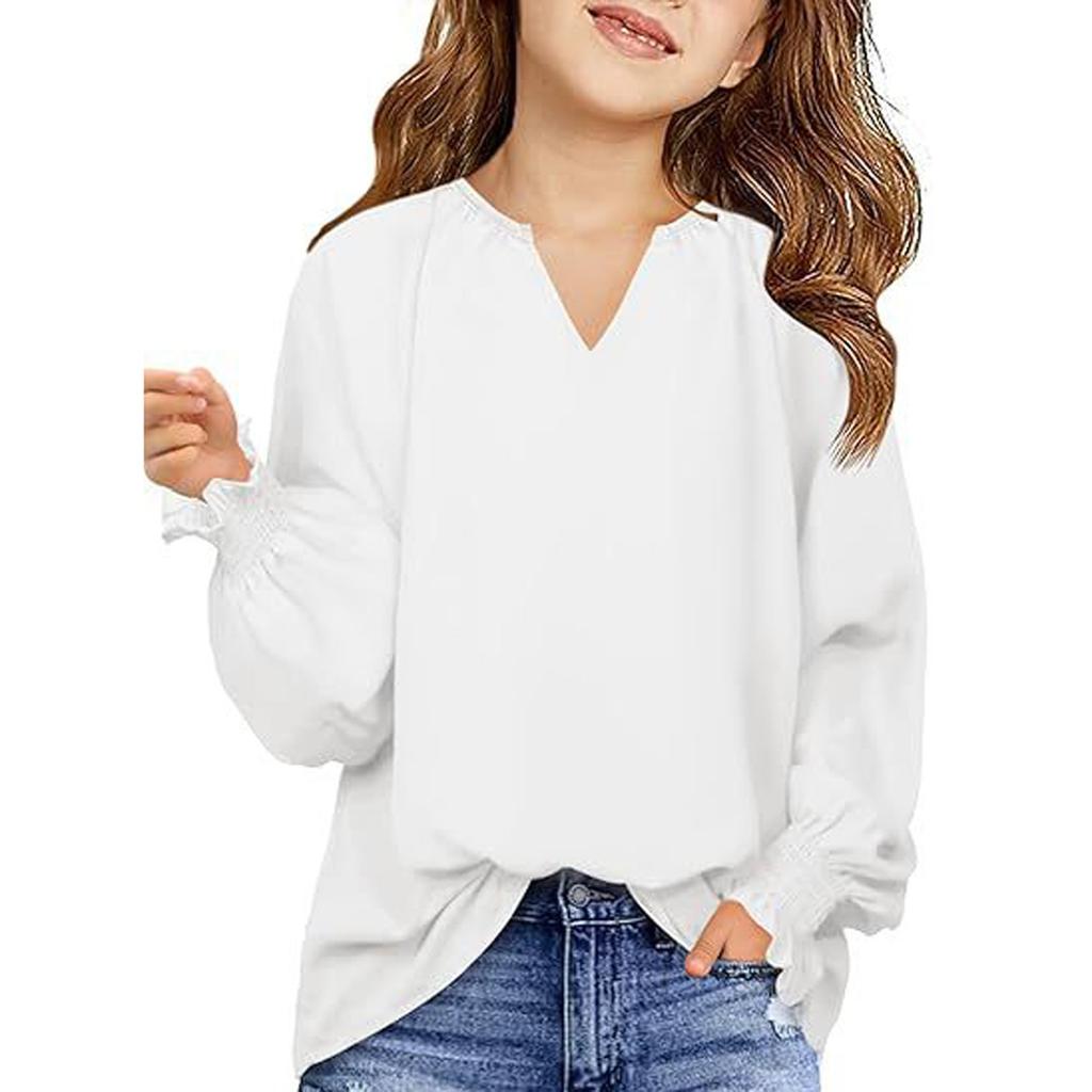 Girls' Long Sleeve Tee - Solid Color Loose Fit Casual Top