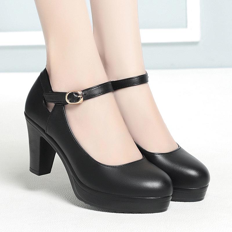 Genuine Leather Shoes Women Round Toe Platform Pumps Sapato Feminino High Heels Fashion Ladies Black Work Shoes Plus Size 34-42