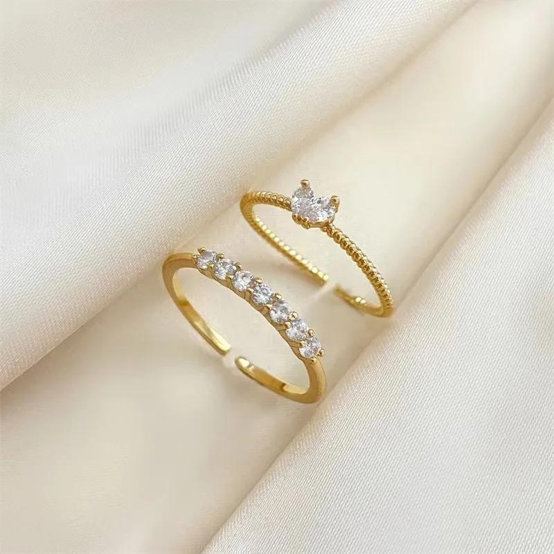 2PCS Trendy Zircon Heart Rings Set for Women Girl Korean Gold Color Adjustable Opening Finger Ring Bride Wedding Female Jewelry