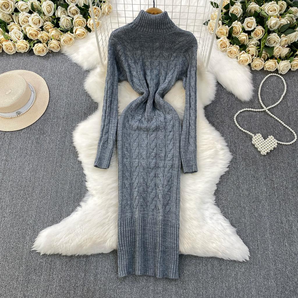 Autumn Winter Women Casual Turtleneck Twist Knitted Sweater Long Midi Slim Bodycon Pullover Dresses