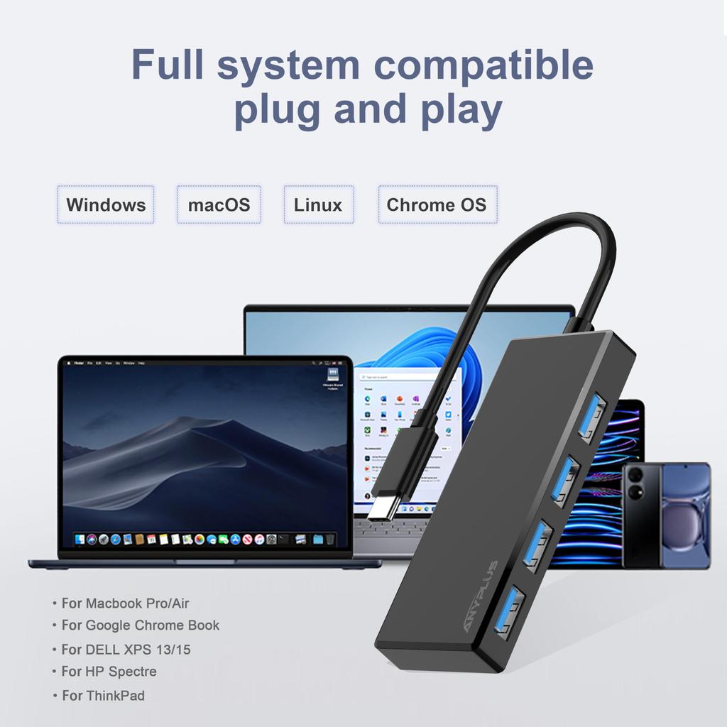 ANYPLUS USB Hub with 5Gbps Data 4 USB Compatible with Surface iPad and XPS USB-C Hub, Type-C High-Speed Transfer, 3.0 Ports, MacBook, Book, Pro, 17/15