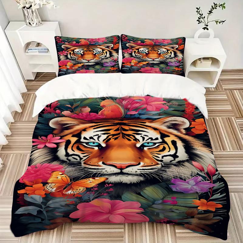 3Pcs Tiger Amidst Floral Splendor Bedding Set Soft Fabric Duvet Cover Pillowcases Home Christmas Xmas Halloween Gift 1 Duvet Cover 2 Pillowcase