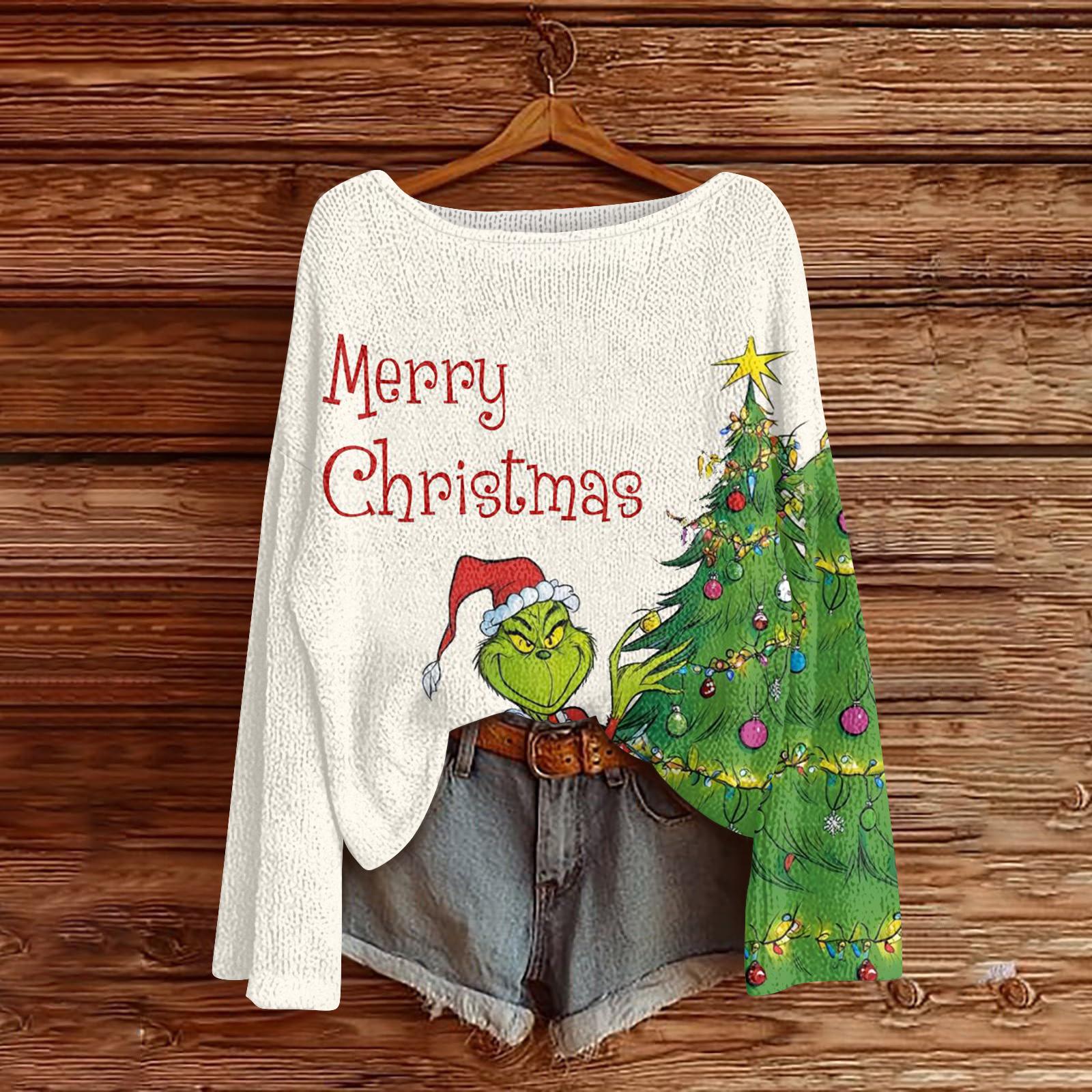 

Women s Fashion Round Neck Long Sleeve Christmas Print Casual Knit Pullover Top S бежевый