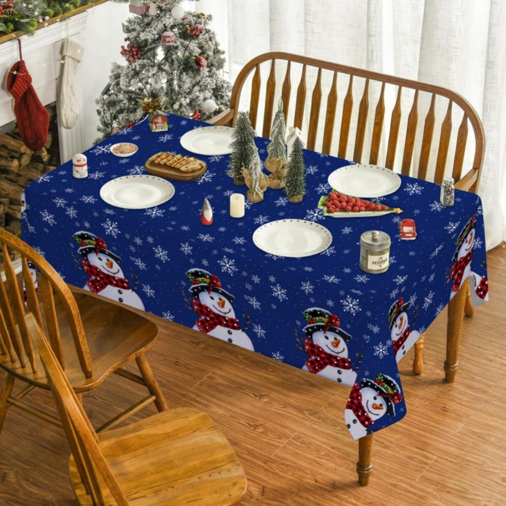 Christmas Polyester Tablecloth Snowman Print Lightweight Stain Resistant Dining Decor Long Table Cover