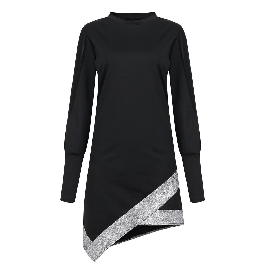 Women's Fashion Lace Mesh Sequin Patchwork Long Sleeve Round Neck Dress