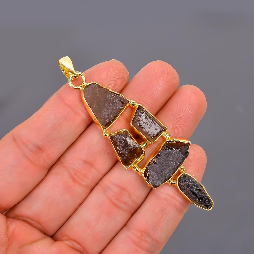 Fancy Natural Smoky Quartz Gold Finish Anniversary Electroformed Pendant Jewelry V-117