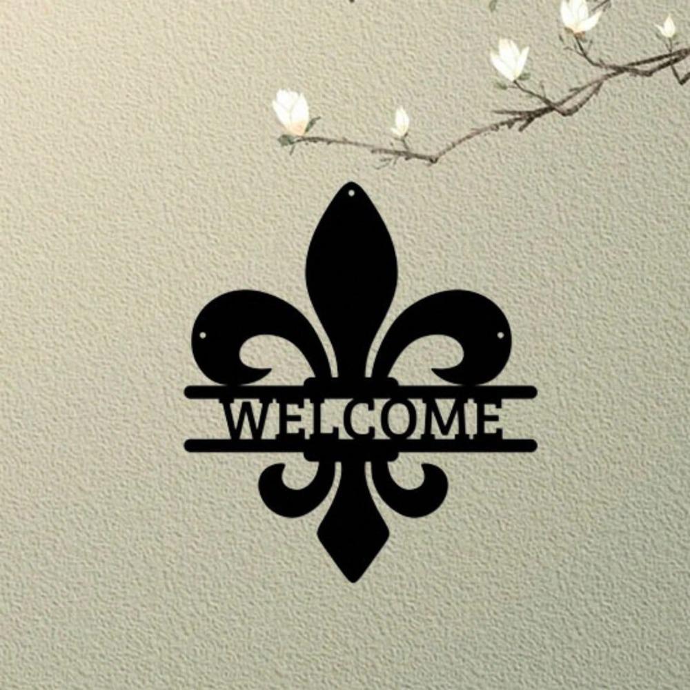 Wrought Iron Fleur de Lis Door Sign, Elegant Metal Wall Decor for Home Entrance, French Theme Cafe Boutique Art Hanging