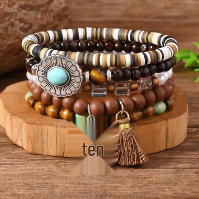 Bohemian Retro Flower Tassel Beaded Bracelet Set - 5-Piece Elastic Cord with Wood Beads