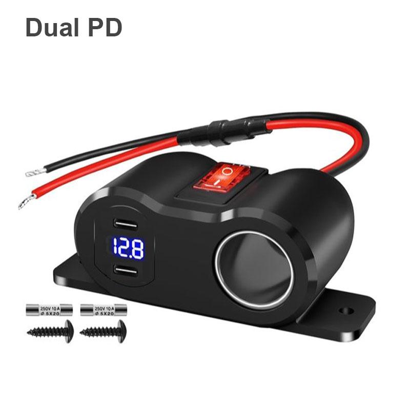 12V Car Charger Power Adapter QC3.0 &PD3.0 Outlet Cigarette Lighter Socket Splitter with LED Voltmeter for RV Marine Boat