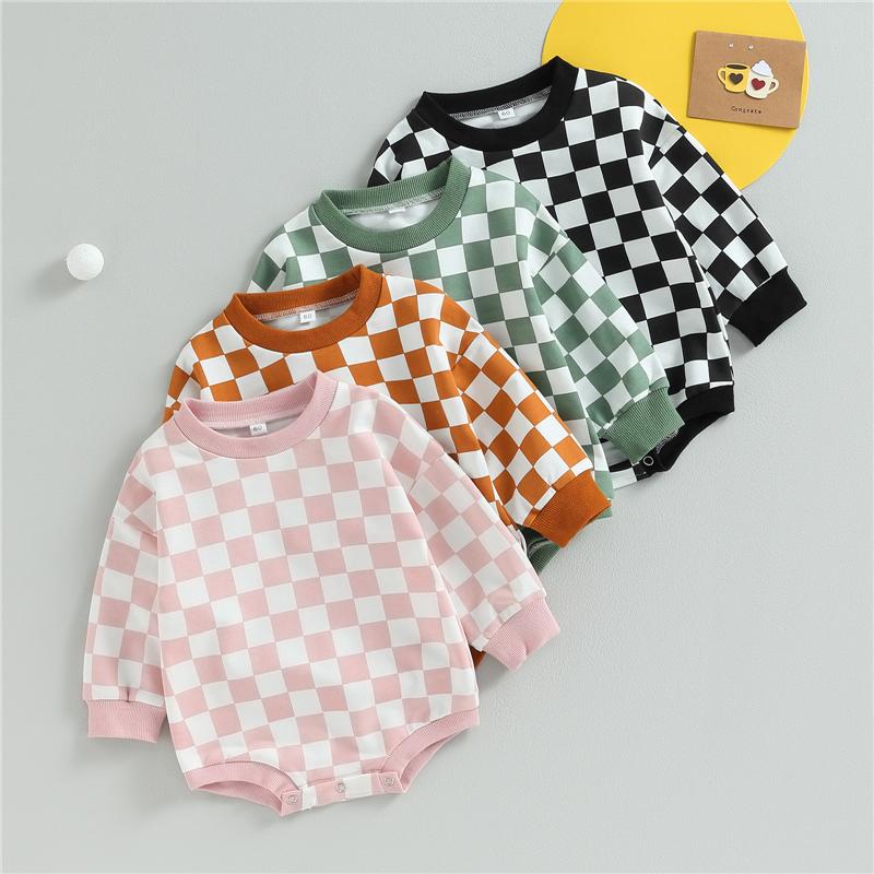 Children Clothing Yulin-001 Unisex Infant Black Newborn Baby Girl Boy Sweatshirt Rompers Checkerboard Print Toddler Long Sleeve Jumpsuit Autumn Cute Clothes Cm