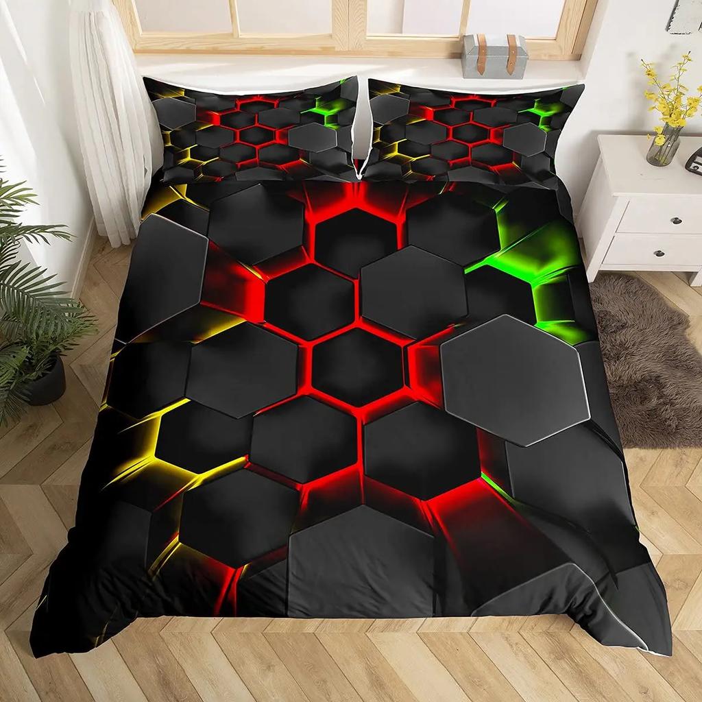 Honeycomb Duvet Cover Set Queen Size Geometry Hexagon Theme with Pink Blue Neon Lights Chic Comforter Cover for Boys Teen Man