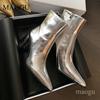 Silver/Gold Women's Pointed Toe Block Heel Ankle Boots Side Zipper Shiny Pu Leather Fashion Short Boots Botines De Mujer Size 35
