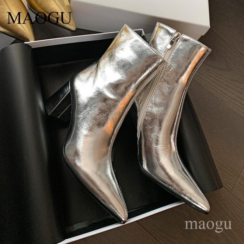 Silver/Gold Women's Pointed Toe Block Heel Ankle Boots Side Zipper Shiny Pu Leather Fashion Short Boots Botines De Mujer Size 35