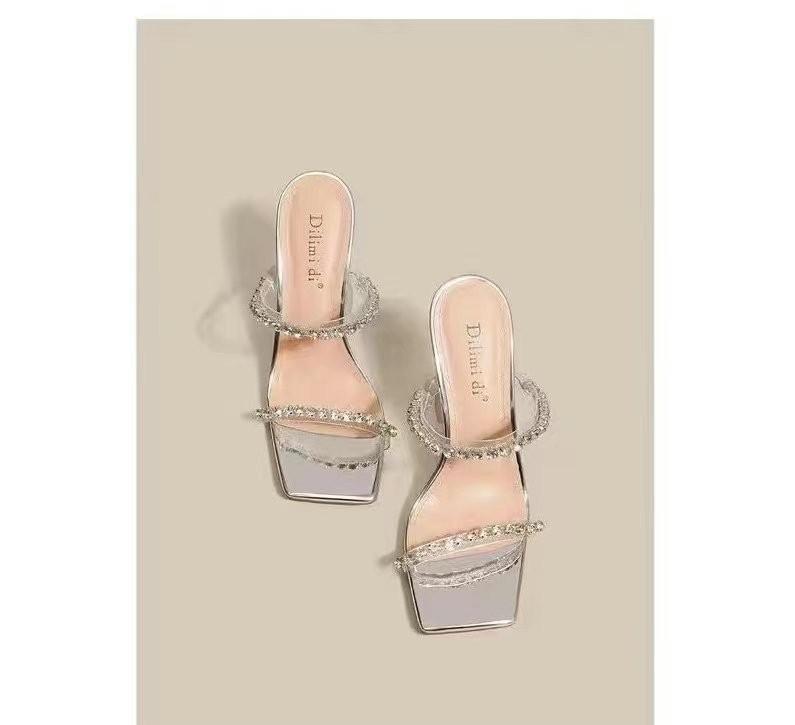 In the Summer of 25 Years, the New Rhinestone One-word with High-heeled Cool Slippers for Women's Thin-heeled Transparent Beautiful Silver High-heeled