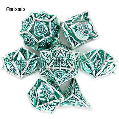 7 peças de dados de metal com folhas verdes e flores, conjunto de dados poliédricos de metal oco, adequados para RPG, jogo de tabuleiro, jogo de cartas