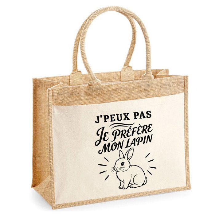 Sac cabas - PLANETEE - Collection « J'peux pas minimaliste » - toile jute & coton - 43×33×21 cm (21 L) - impression lapin