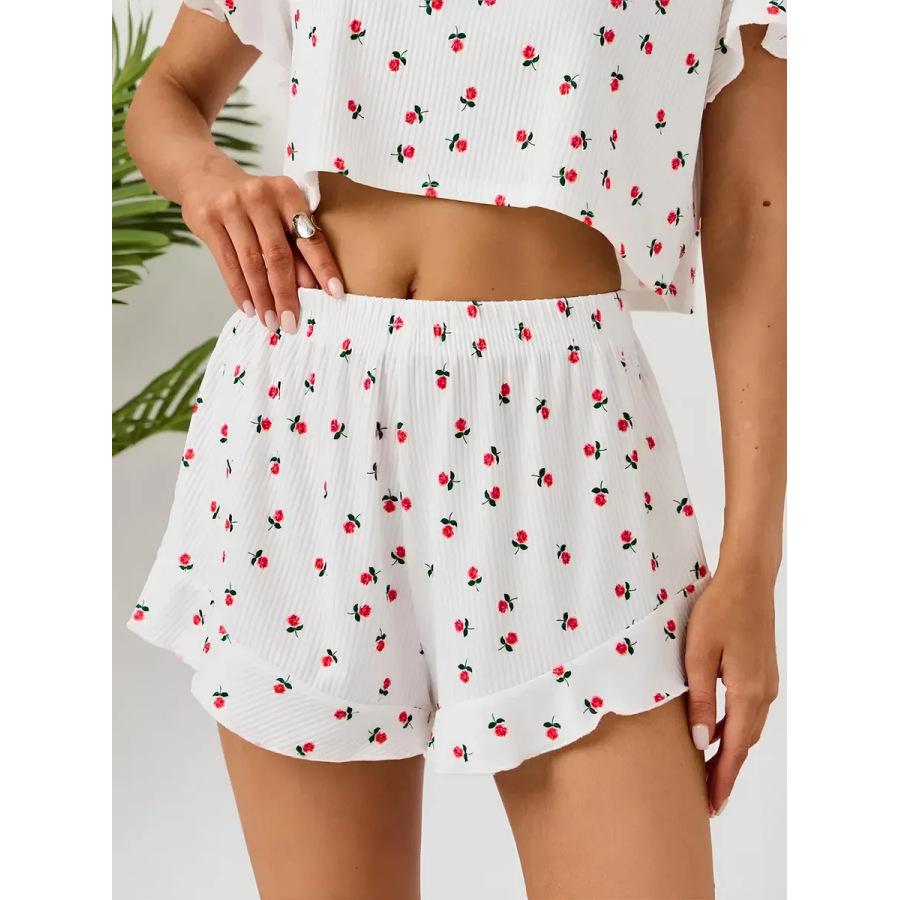 Summer Flower Printing Thin Pajamas Set Women Homewear Sexy Lotus Leaf Edge Short Sleeve Crop Tops and Shorts 2 Pieces Sleepwear