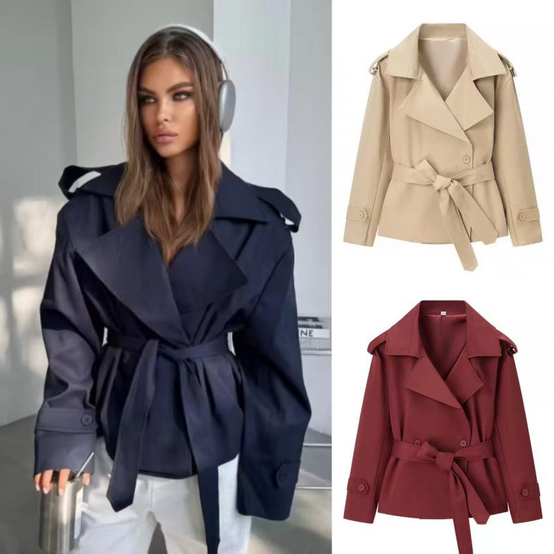 Solid Lapel Lace Up Trench Coat Women Fashion Full Sleeve Waist Cinching Street Windbreak Spring Office Lady Chic Outwear