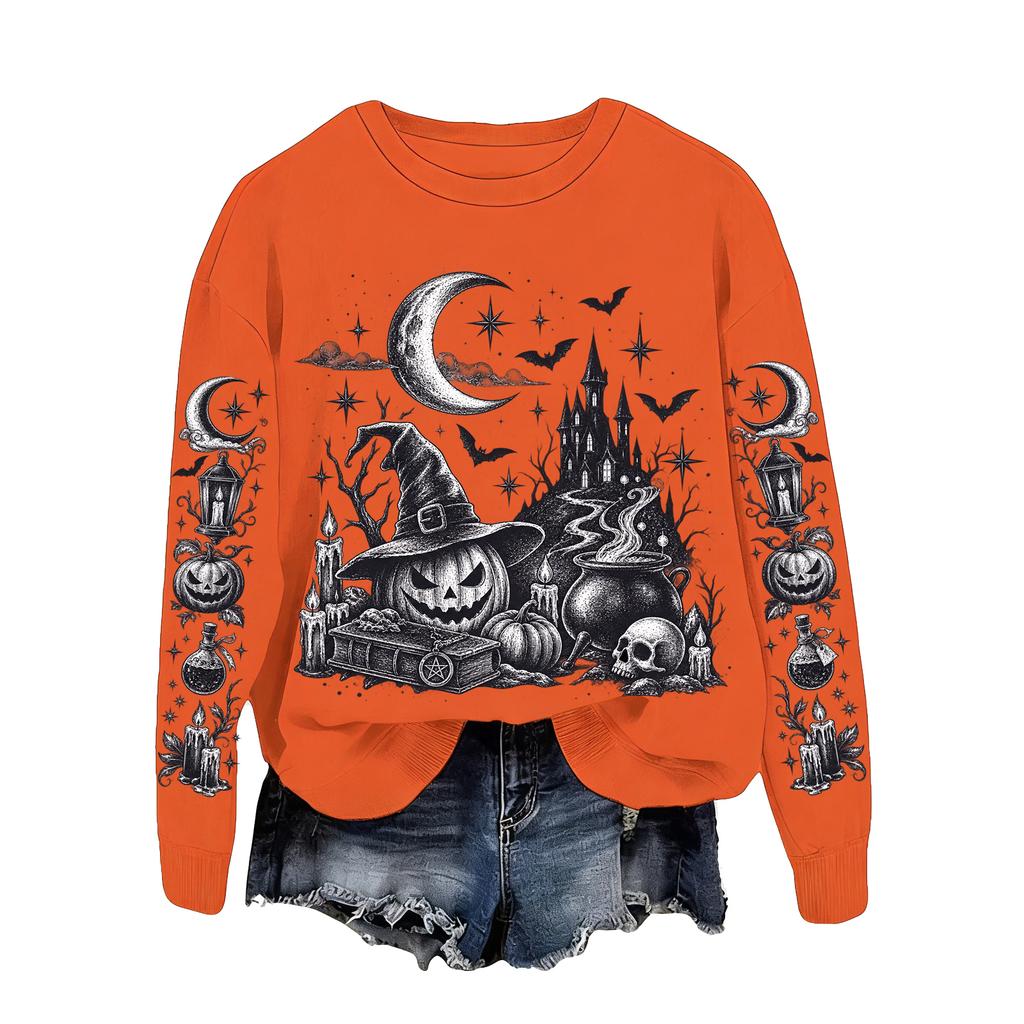 Women's Halloween Print Sweatshirt Loose Fit Casual Pullover Top for Fall and Winter