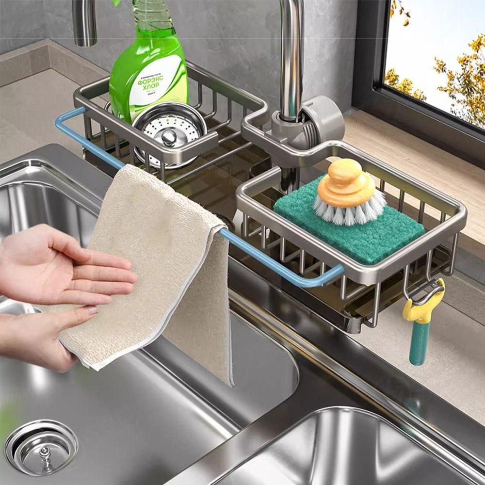 Detachable Dish Sponge Holder Space Aluminum Hanging Faucet Drain Rack Sink Drip Shelf  Soap