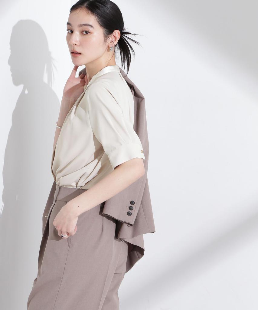 Nano Universe Stand Tuck Short Size S Light Beige Women's Two-Tone Blouse, Sleeve, (041), (669-5121306)