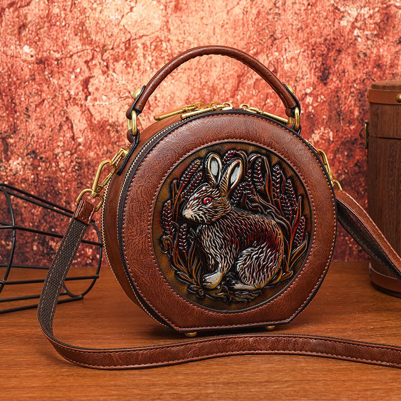 Ethnic Vintage Round Crossbody - Handmade Carved Flower Women's Shoulder Bag Minimalist Texture Commuter Large Capacity Tote Bag
