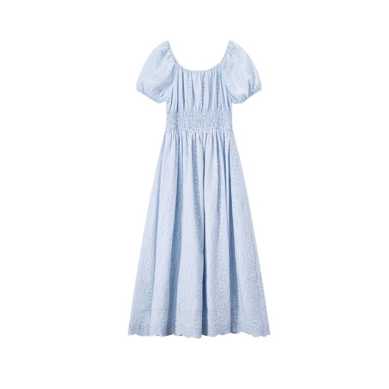 

Elegant Jacquard Puff Sleeve Waist-Cinched Dress L